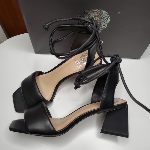 Vince Camuto | Shoes | Vince Camuto Vernisa Chunky Heel Sandal Black  Leather Open Square Toe Size 65 | Poshmark